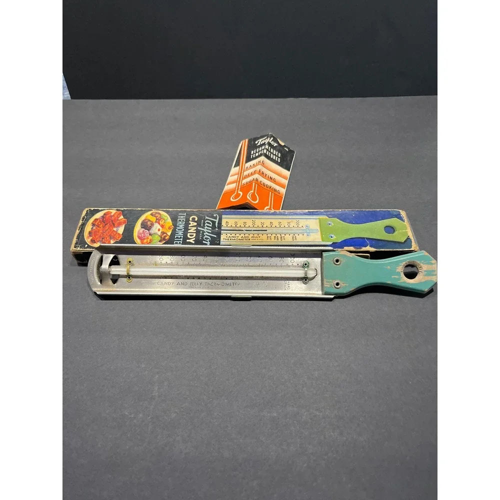 Vintage Taylor Candy and Jelly Thermometer No 5908 Stainless Steel USA Teal Box